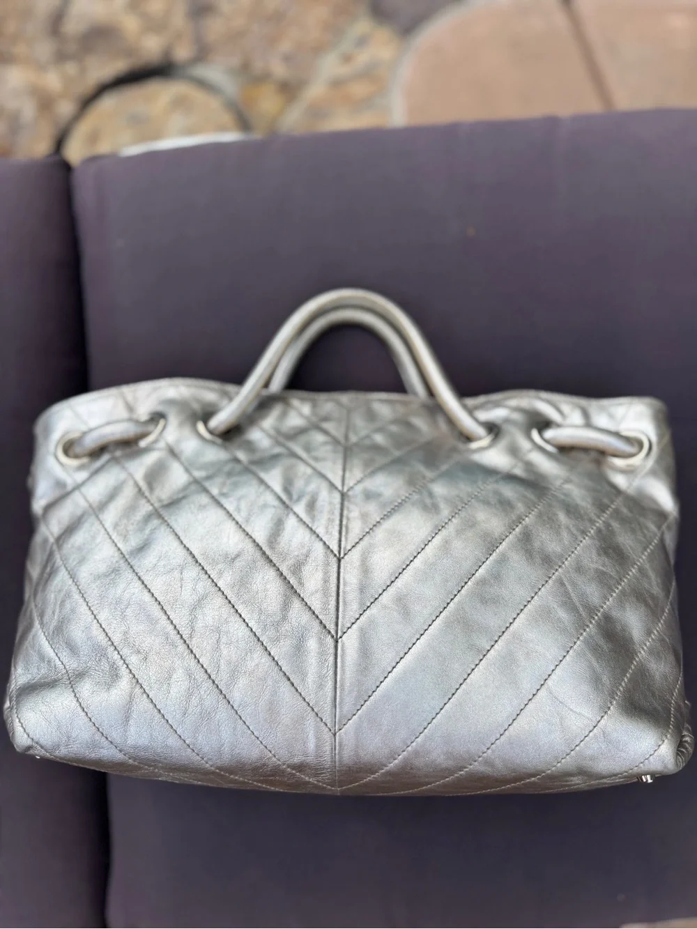Furla Metallic Silver Leather Chevron Quilted Tote Tassel Bag VGUC Y2K